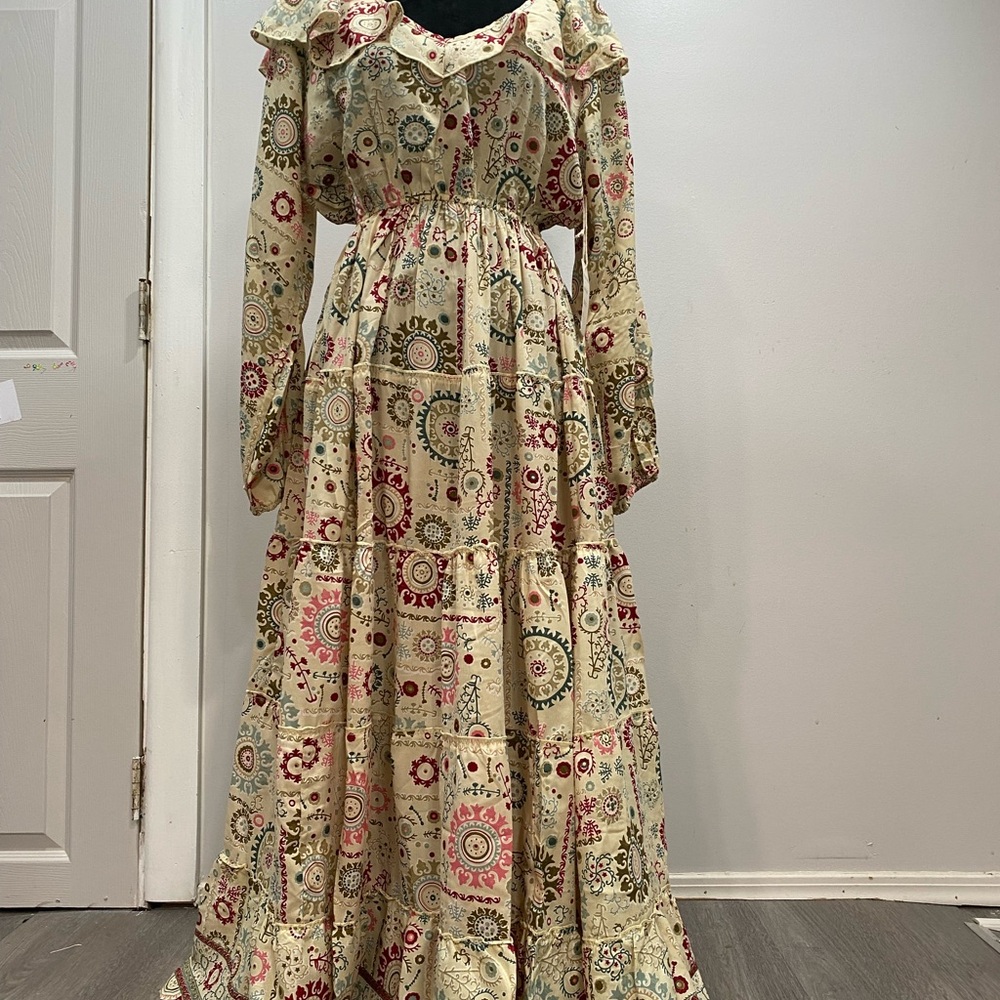 Cream Ruffled Smocked Gown with Bishop Sleeves